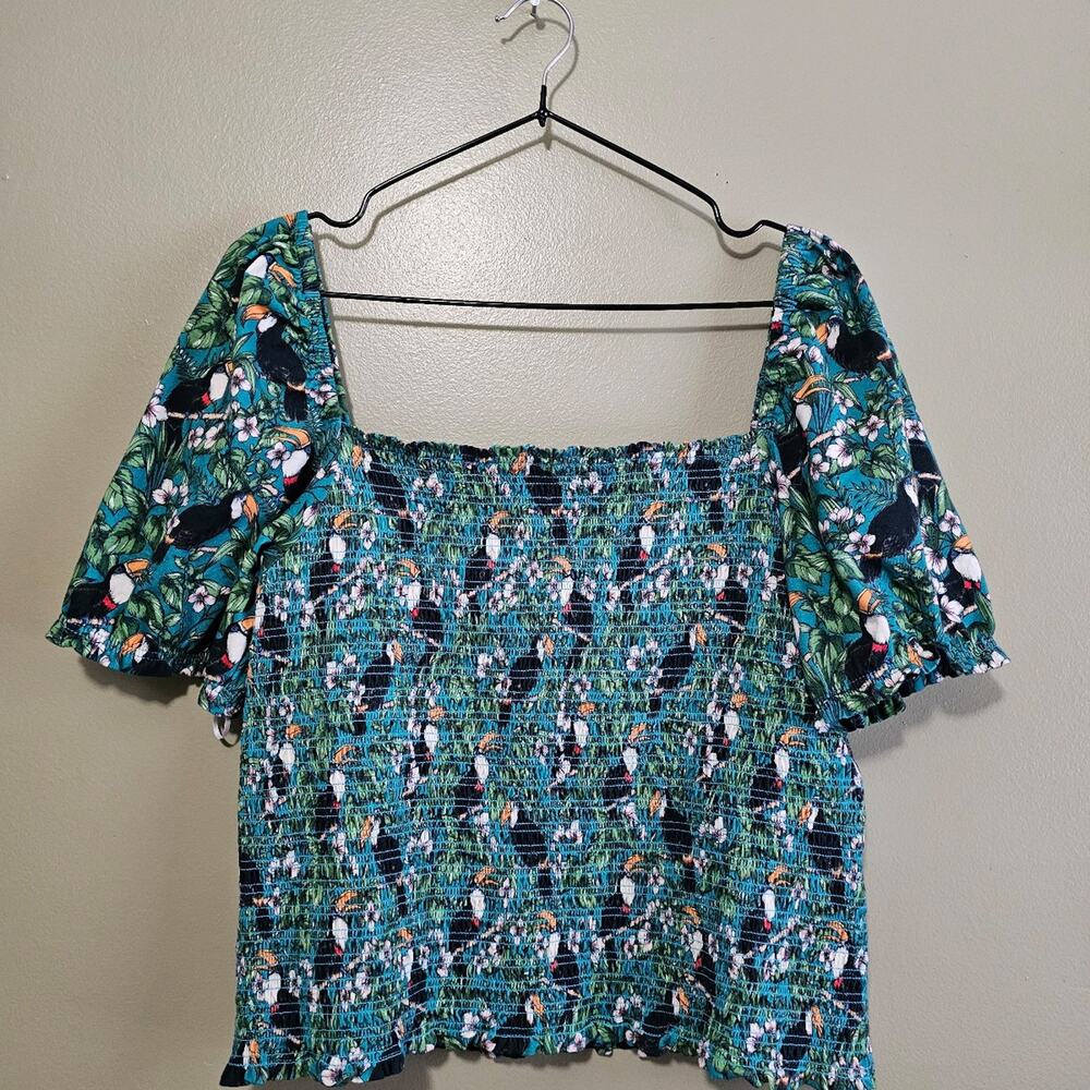 Anthropologie Teal Green Toucan Print Smocked Square-Neck Blouse